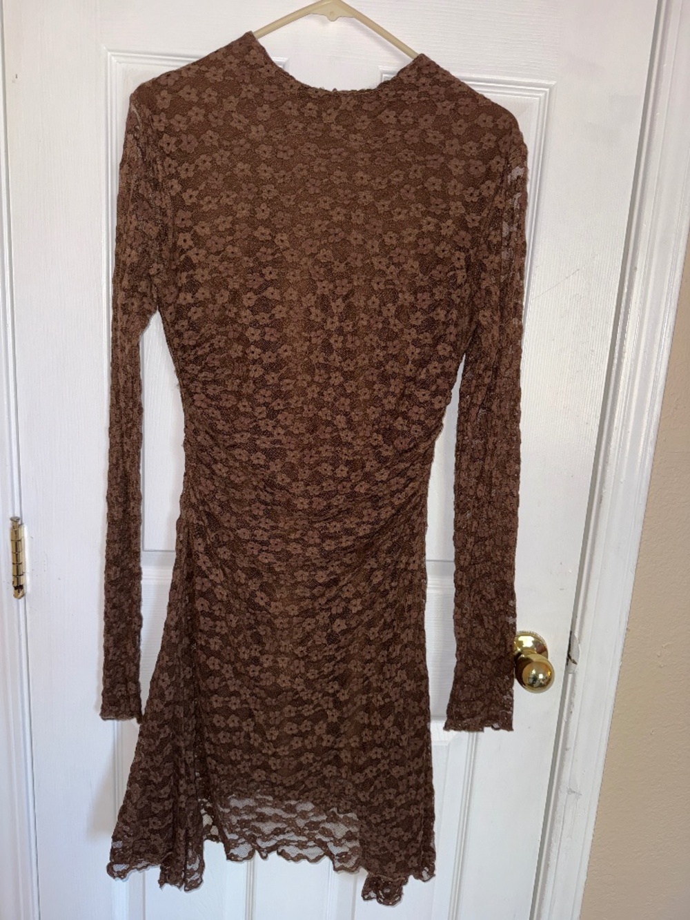 High neckline brown floral lace mini dress